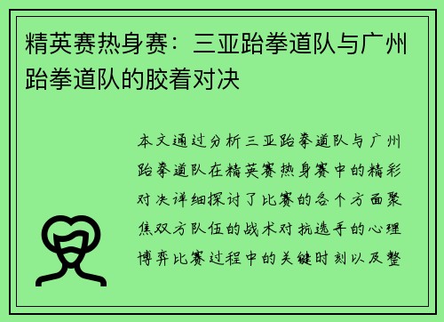 精英赛热身赛：三亚跆拳道队与广州跆拳道队的胶着对决