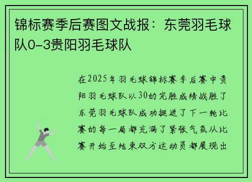 锦标赛季后赛图文战报：东莞羽毛球队0-3贵阳羽毛球队